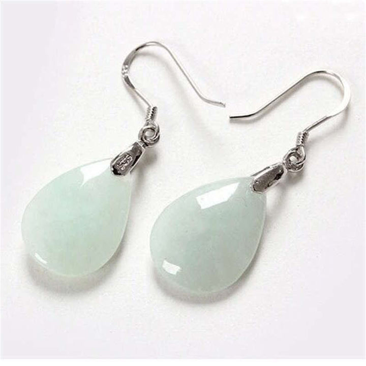 925 Sterling Silver Jade Water Drop Luck Dangle Earrings