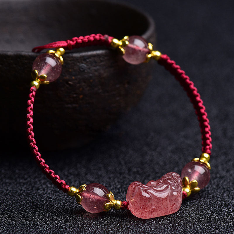 Buddha Stones Natural Strawberry Crystal Pixiu Charm Lucky Red String Bracelet