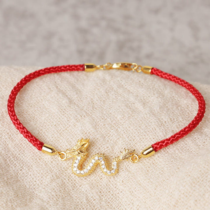 Buddha Stones 925 Sterling Silver Year Of The Dragon Auspicious Golden Dragon Luck Red Rope Chain Bracelet (Extra 30% Off | USE CODE: FS30)