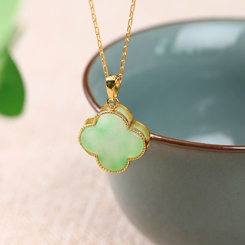 Buddha Stones Four Leaf Clover Jade Pattern Luck Necklace Pendant