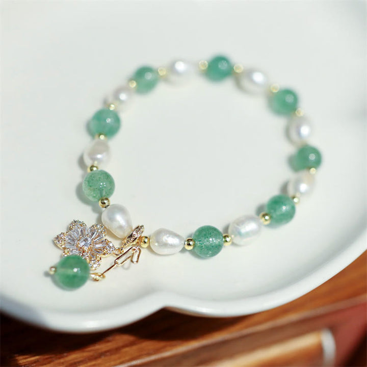 Buddha Stones Natural Green Strawberry Quartz Pearl Flower Charm Love Bracelet