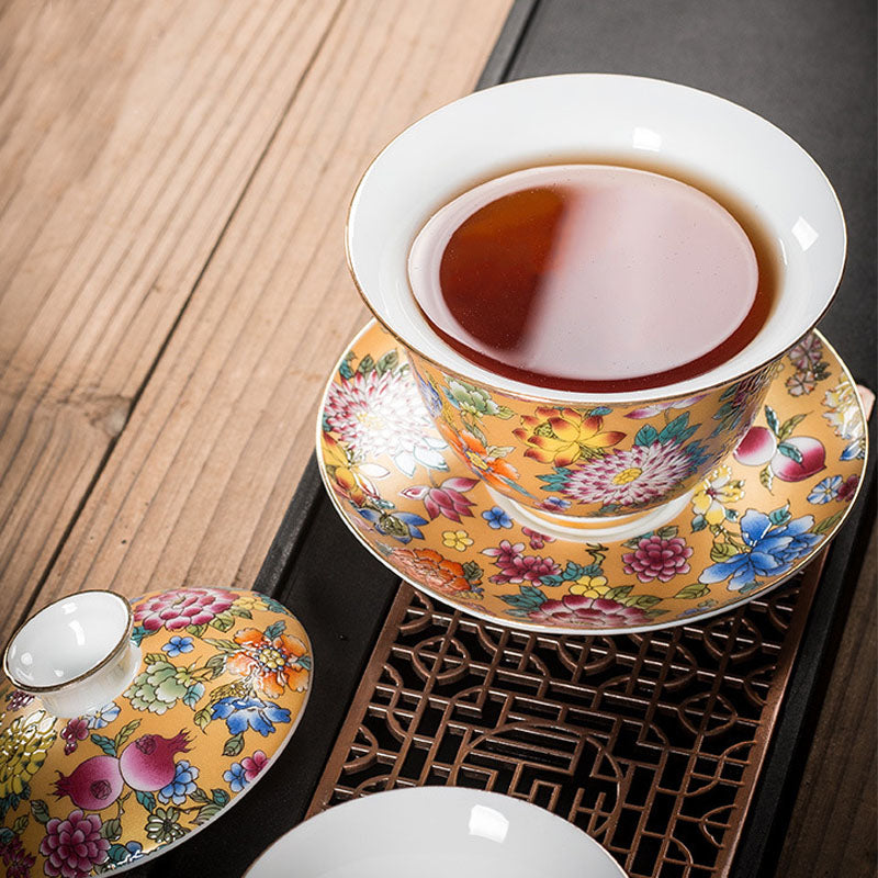 Buddha Stones Peony Flowers Ceramic Gaiwan Sancai Teacup Kung Fu Tea Cup And Saucer With Lid