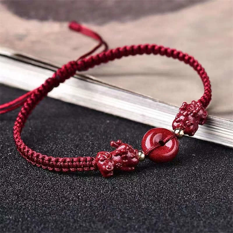 Buddha Stones Cinnabar PiXiu Blessing Copper Coin Peace Buckle Red String Bracelet