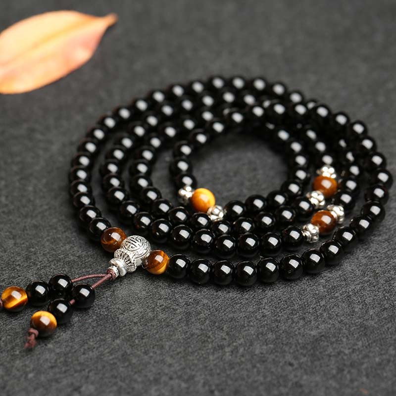 Buddha Stones Black Obsidian Tiger Eye Blessing Mala Bracelet