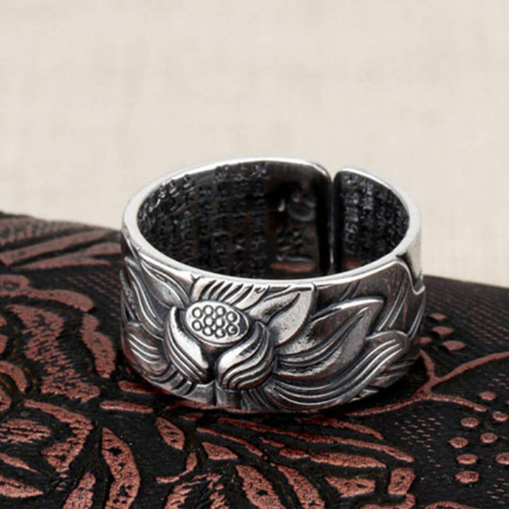 999 Sterling Silver Lotus Symbol Heart Sutra Protection Ring