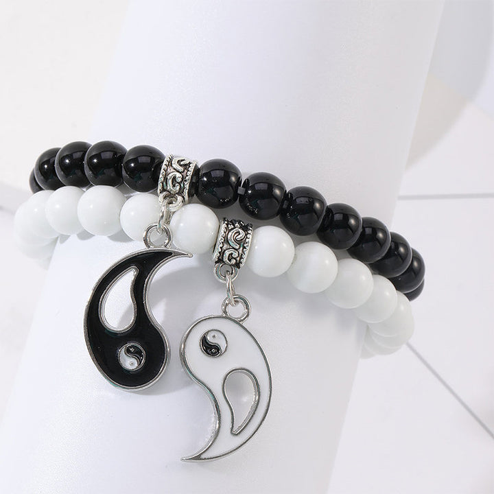 Buddha Stones 2Pcs Black Onyx White Turquoise Bead Yin Yang Protection Couple Bracelet