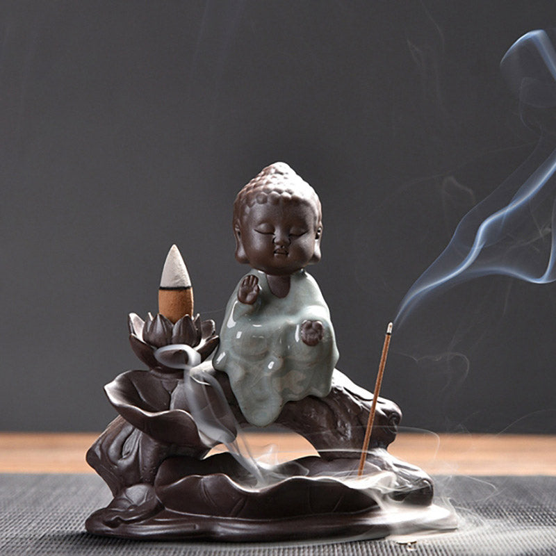 Buddha Little Monk Ceramic Lotus Blessing Incense Burner Decoration