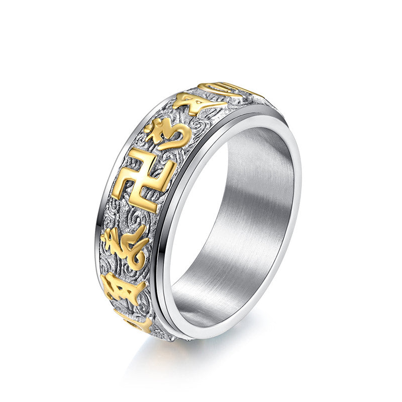Buddha Stones Om Mani Padme Hum Balance Calm Titanium Steel Ring