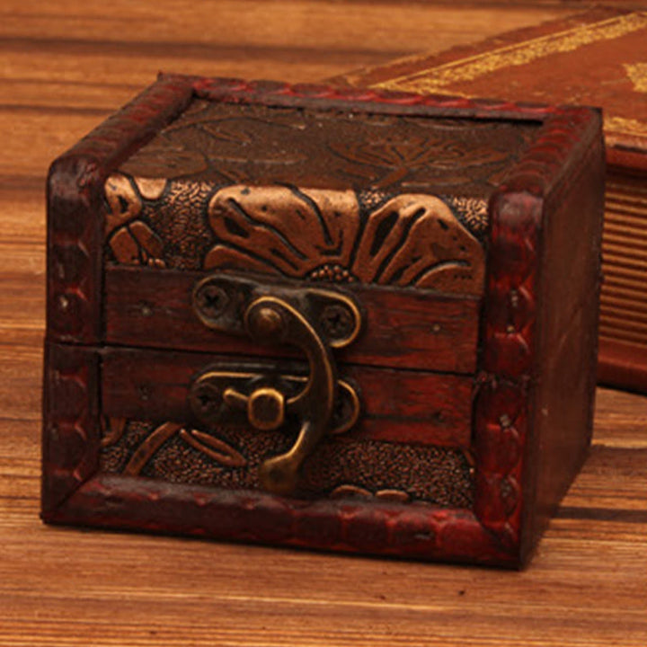 Buddha Stones Retro Small Square Wood Jewelry Box Lotus Grass Flower Grape Copper Coin Daffodil Jewelry Storage Box