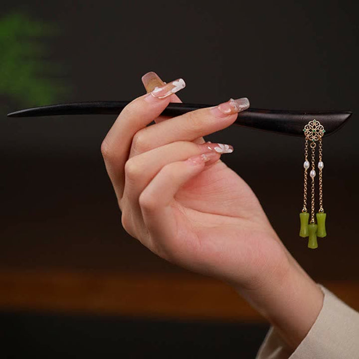 Buddha Stones Natural Peridot Ebony Wood Love Tassels Hairpin