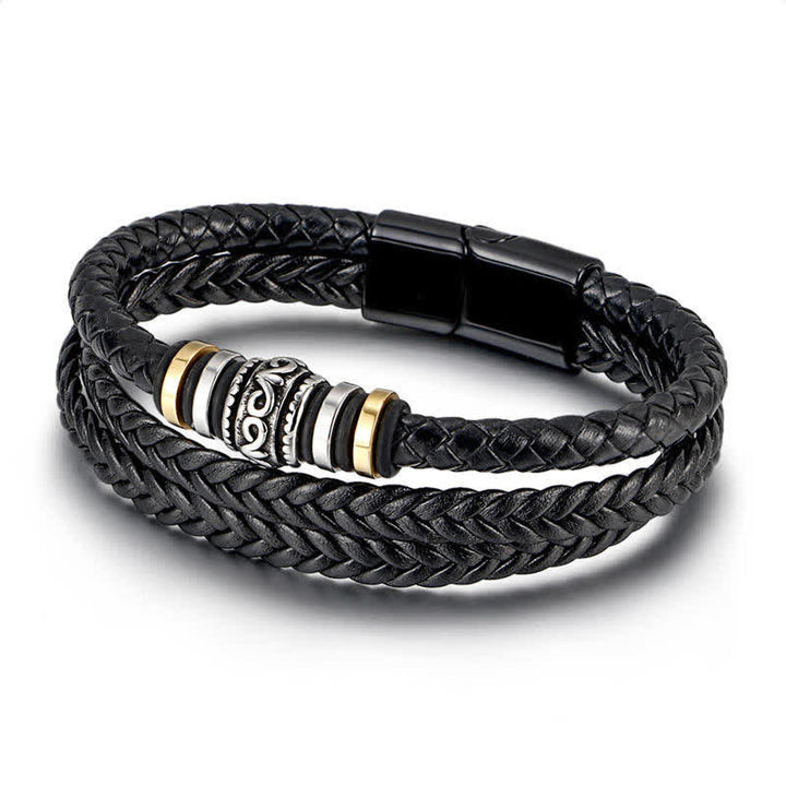 Buddha Stones Leather Layered Titanium Steel Balance Braided Bracelet