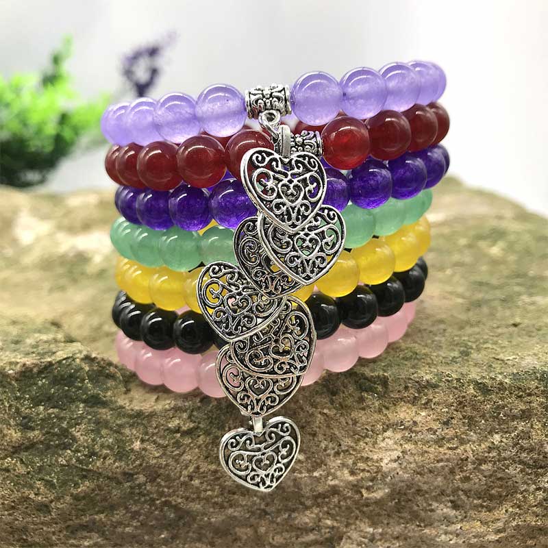 Natural Gemstone Lucky Love Heart  Charm Stretch Bracelet