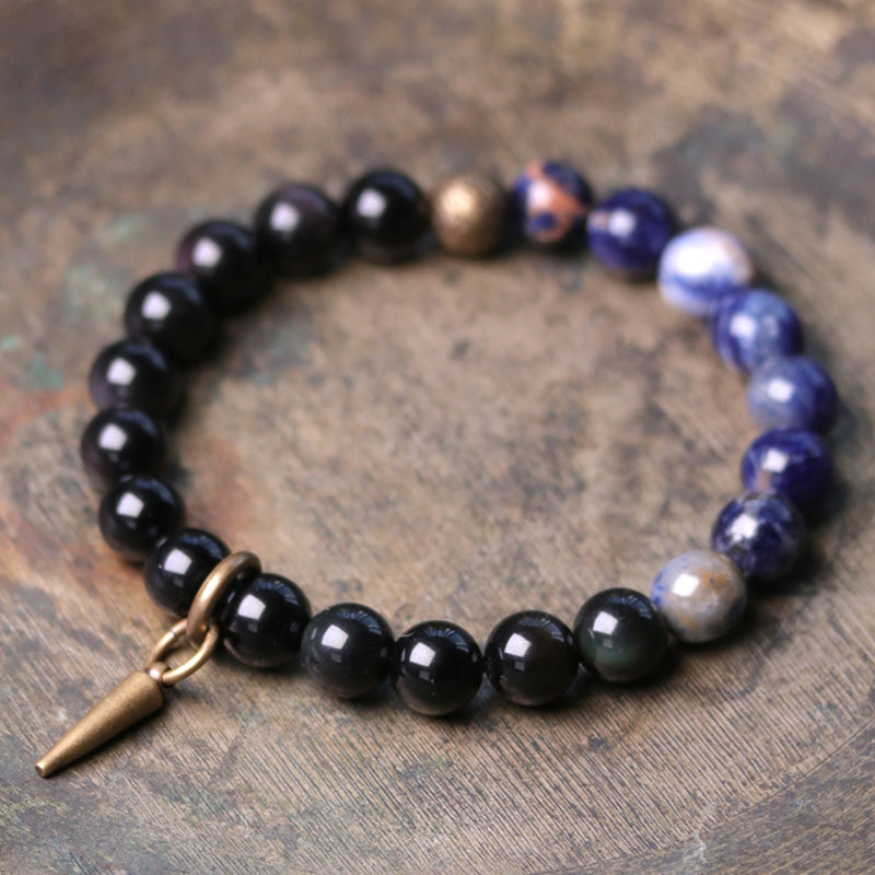 Buddha Stones Black Obsidian Sodalite Crystal Copper Strength Couple Bracelet