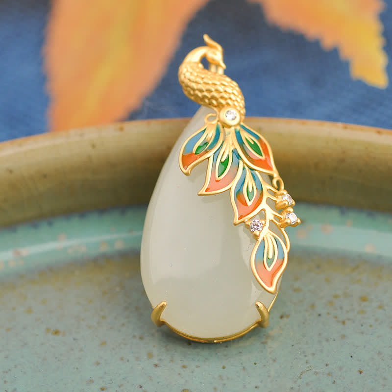 White Jade Peacock Protection Necklace Chain Pendant