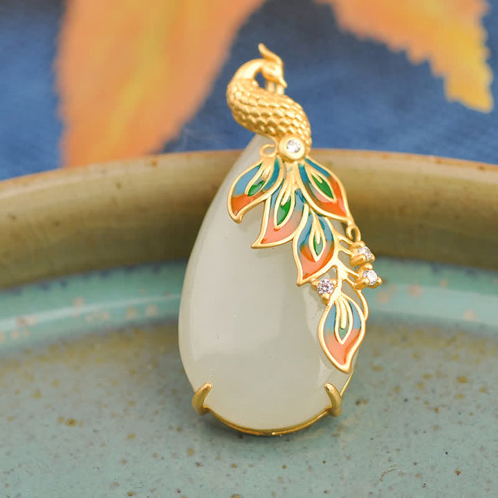 White Jade Peacock Protection Necklace Chain Pendant