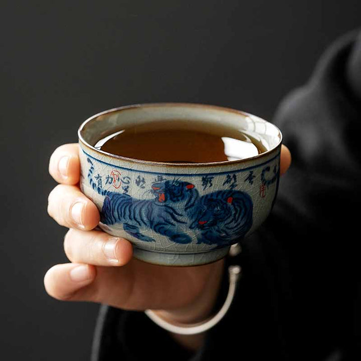 Buddha Stones Jingdezhen Hand Painted Cute Tiger Ceramic Teacup Kung Fu Tea Cup Bowl 140ml