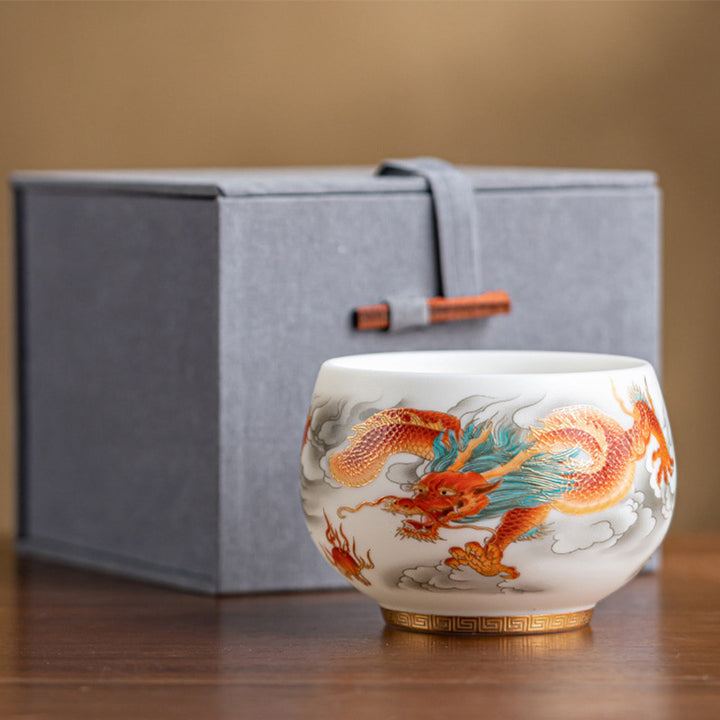 Buddha Stones Dragon Phoenix Auspicious Clouds Ceramic Teacup Kung Fu Tea Cup With Gift Box