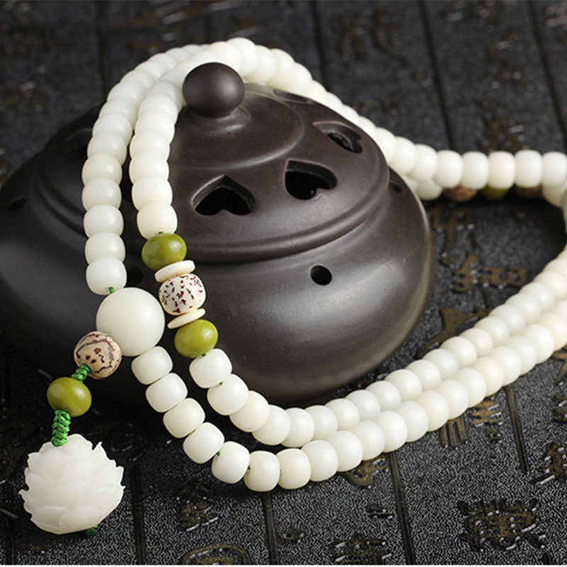 Buddha Stones White Jade Bodhi Lotus Mala Harmony Necklace Bracelet