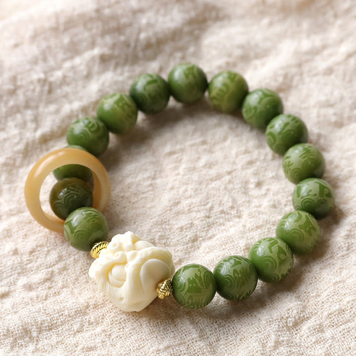 Buddha Stones Green Bodhi Seed Ivory Fruit Dancing Lion Om Mani Padme Hum Engraved Peace Bracelet