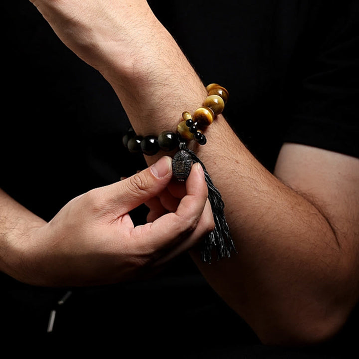 Buddha Stones Natural Gold Sheen Obsidian Tiger Eye Wealth Tassel Bracelet