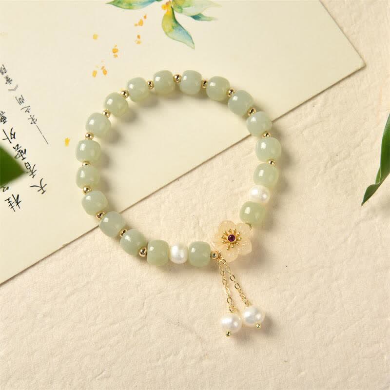 Hetian Jade Flower Pearl Happiness Abundance Bracelet