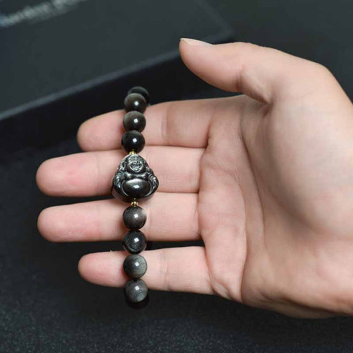 Buddha Stones Silver Sheen Obsidian Lotus Flower Nine Tailed Fox Laughing Buddha Protection Bracelet