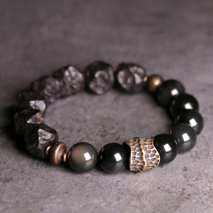 Buddha Stones Black Obsidian Ebony Wood Copper Strength Couple Bracelet