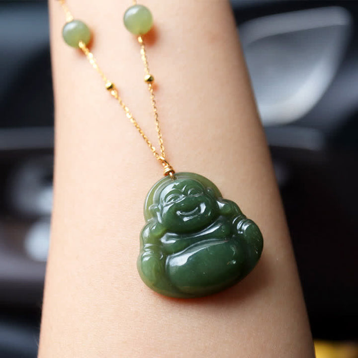 Laughing Buddha Hetian Jade Luck Necklace Bead Chain Pendant