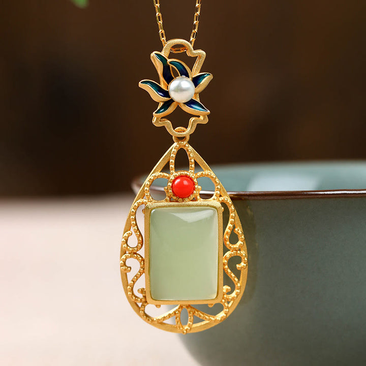 Vintage Flower Jade Plated Gold Prosperity Necklace Pendant