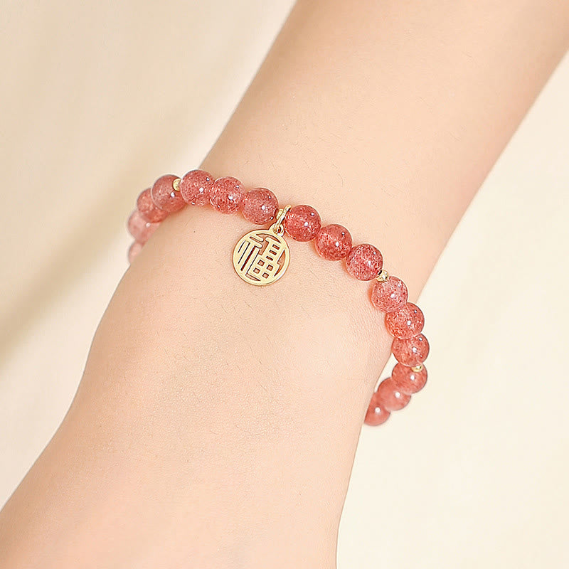 Buddha Stones 14K Gold Plated Strawberry Quartz Fu Character Healing Charm Bracelet