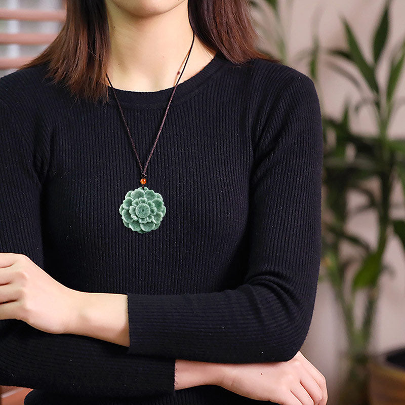 Buddha Stones Lotus Pattern Jade Luck Prosperity Necklace Pendant