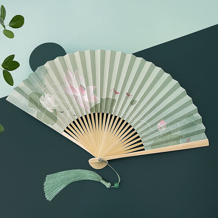 Buddha Stones Lotus Flowers Leaf Koi Fish Handheld Paper Bamboo Folding Fan