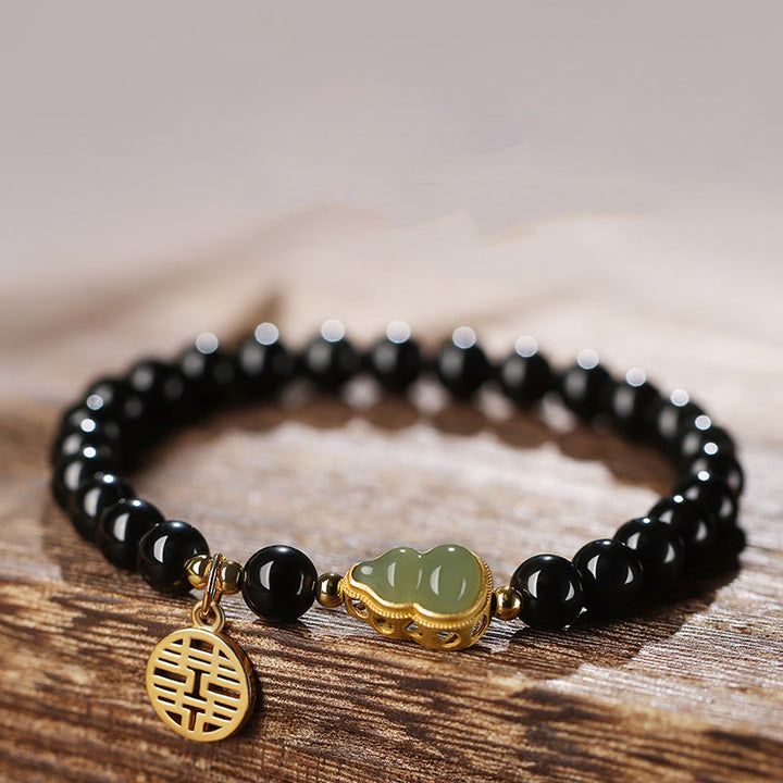 Natural Black Obsidian Hetian Jade Gourd Double Happiness Strength Bracelet