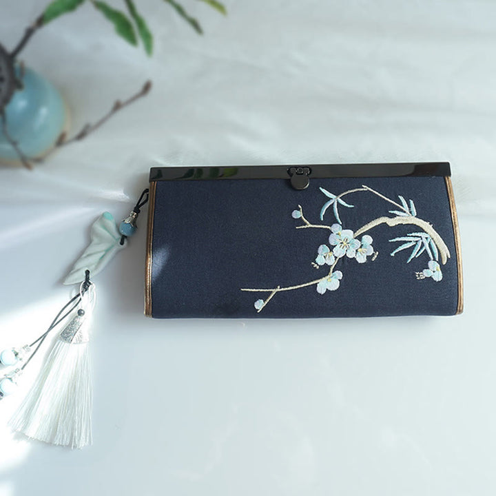 Flower Plum Peach Blossom Bamboo Double-sided Embroidery Large Capacity Cash Holder Wallet Shopping Purse