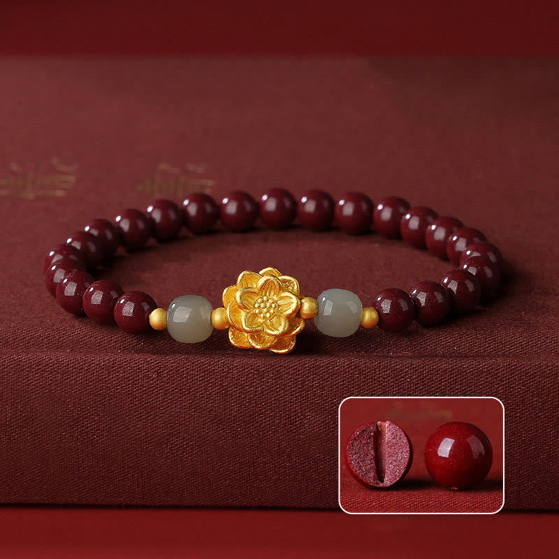 Buddha Stones 999 Sterling Silver Lotus Cinnabar Hetian Jade Blessing Bracelet