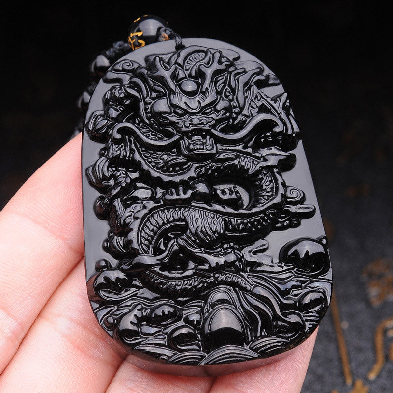 Buddha Stones Black Obsidian Stone Dragon Fulfilment Pendant Necklace