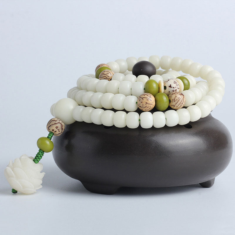 Buddha Stones White Jade Bodhi Lotus Mala Harmony Necklace Bracelet