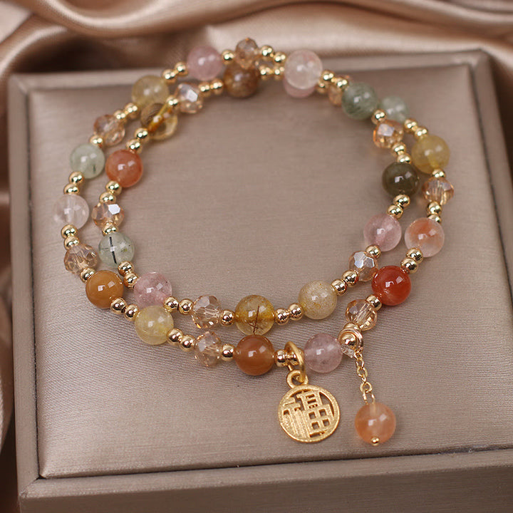 Buddha Stones Multicolored Rutilated Quartz Fu Character Auspiciousness Bracelet