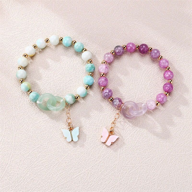 Buddha Stones Glass Bead Double Peace Buckle Butterfly Auspicious Bracelet