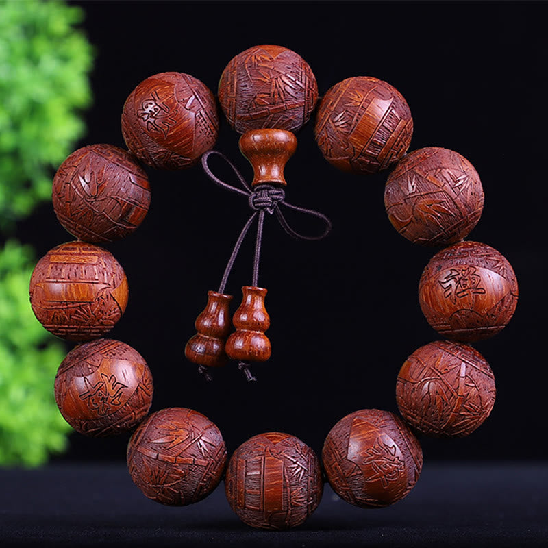 Buddha Stones Chinese Zodiac Rosewood Ebony Boxwood Copper Coin PiXiu Carved Warmth Bracelet