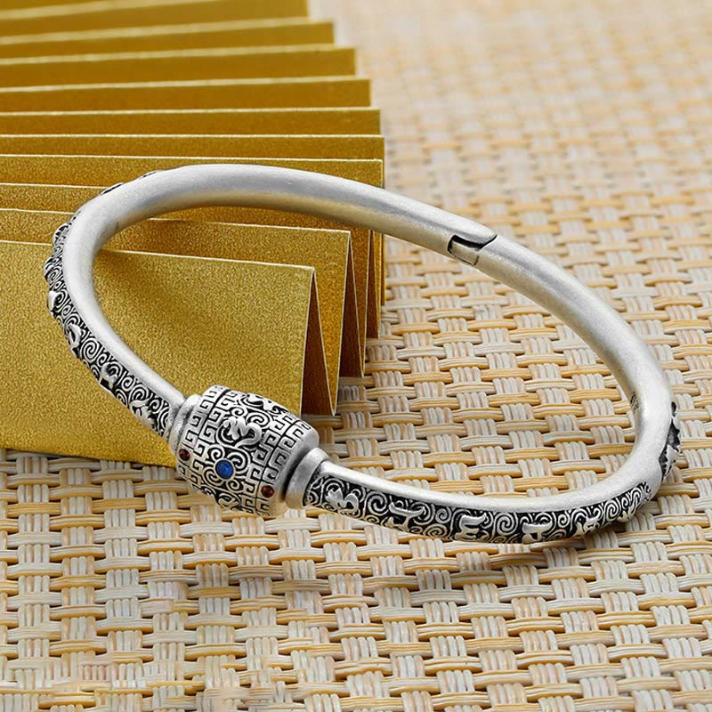 Buddha Stones 990 Sterling Silver Tibetan Auspicious Clouds Om Mani Padme Hum Engraved Creativity Bracelet Bangle