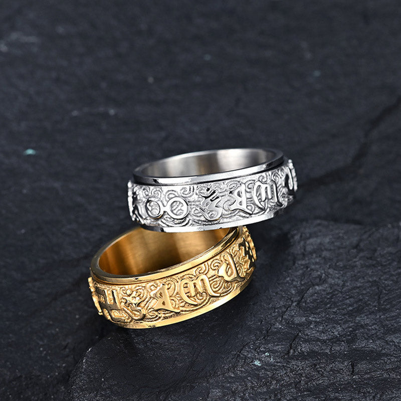 Buddha Stones Om Mani Padme Hum Balance Calm Titanium Steel Ring