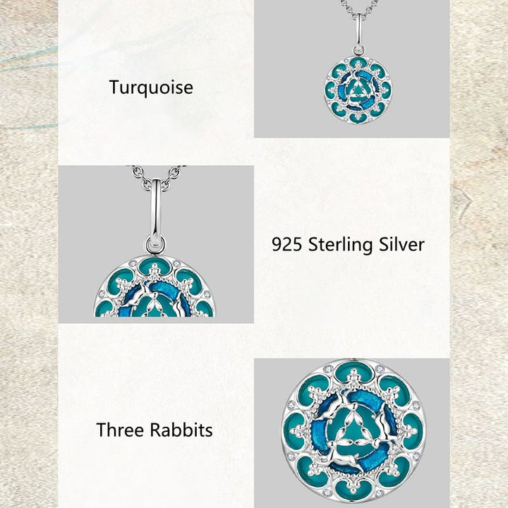 Buddha Stones 925 Sterling Silver Round Turquoise Three Rabbits Balance Necklace Pendant