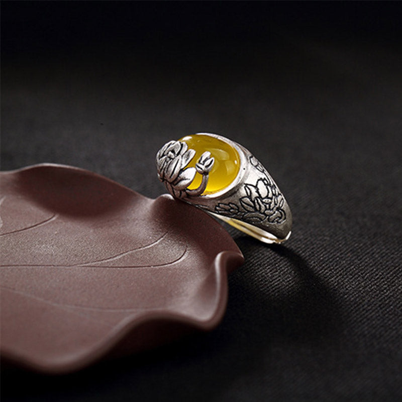 Buddha Stones Silver Citrine Lotus Blessing Protection Adjustable Ring