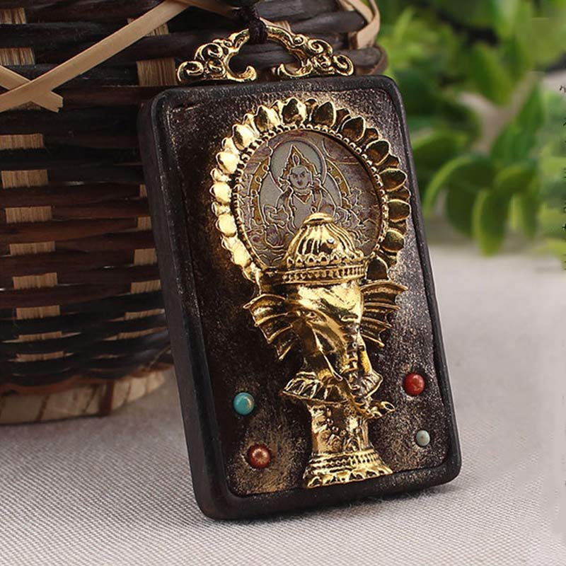 Ebony Wood Elephant God of Fortune Buddha Blessing Necklace String Pendant