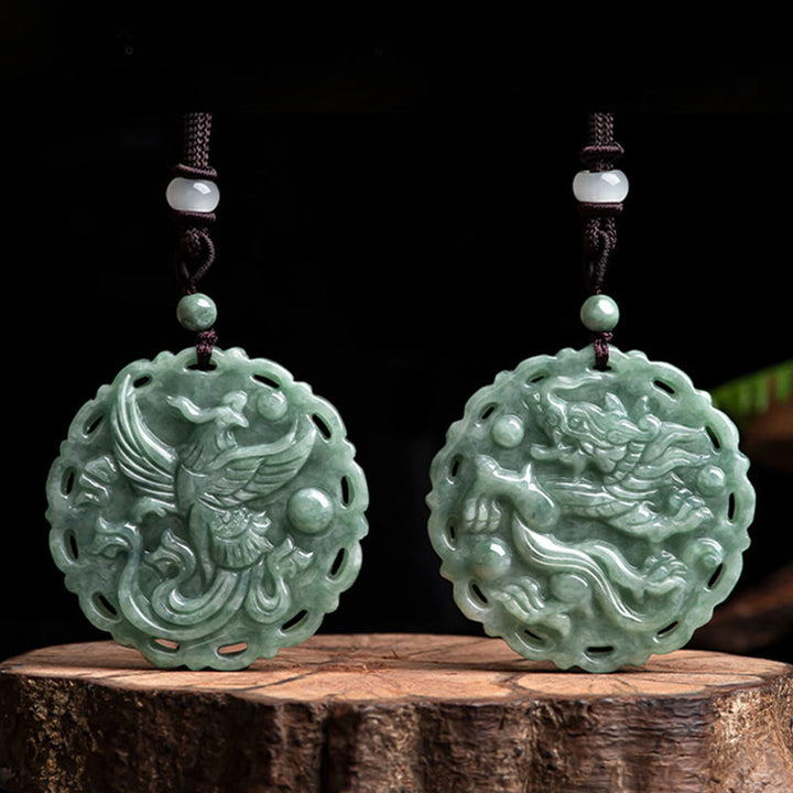 Chinese Zodiac Dragon Phoenix Round Jade Luck Necklace String Pendant