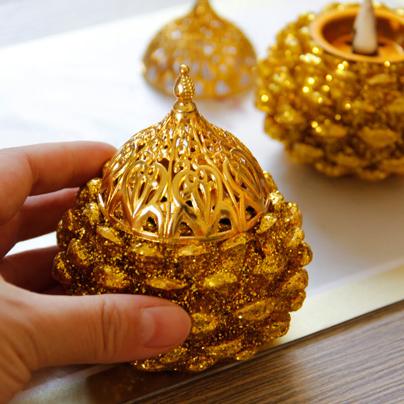 Gold Pine Cone Pattern Spiritual Rituals Mini Incense Burner Home Tabletop Decor