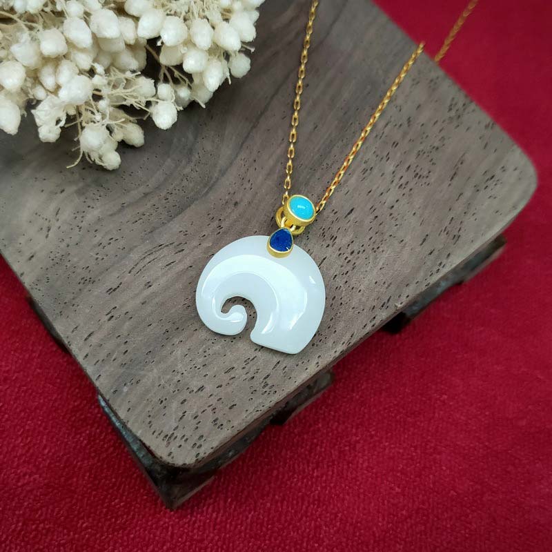 Buddha Stones White Jade Elephant Luck Fortune Necklace Pendant