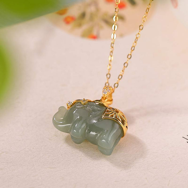 Buddha Stones 925 Sterling Silver Jade Elephant Blessing Fortune Necklace Chain Pendant