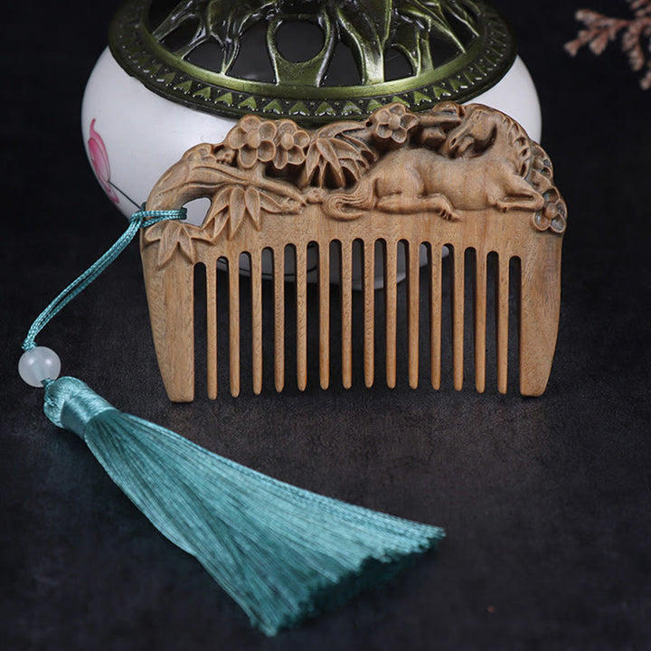 Green Sandalwood Fox Peony Flower Lotus Engraved Cure Tassel Comb